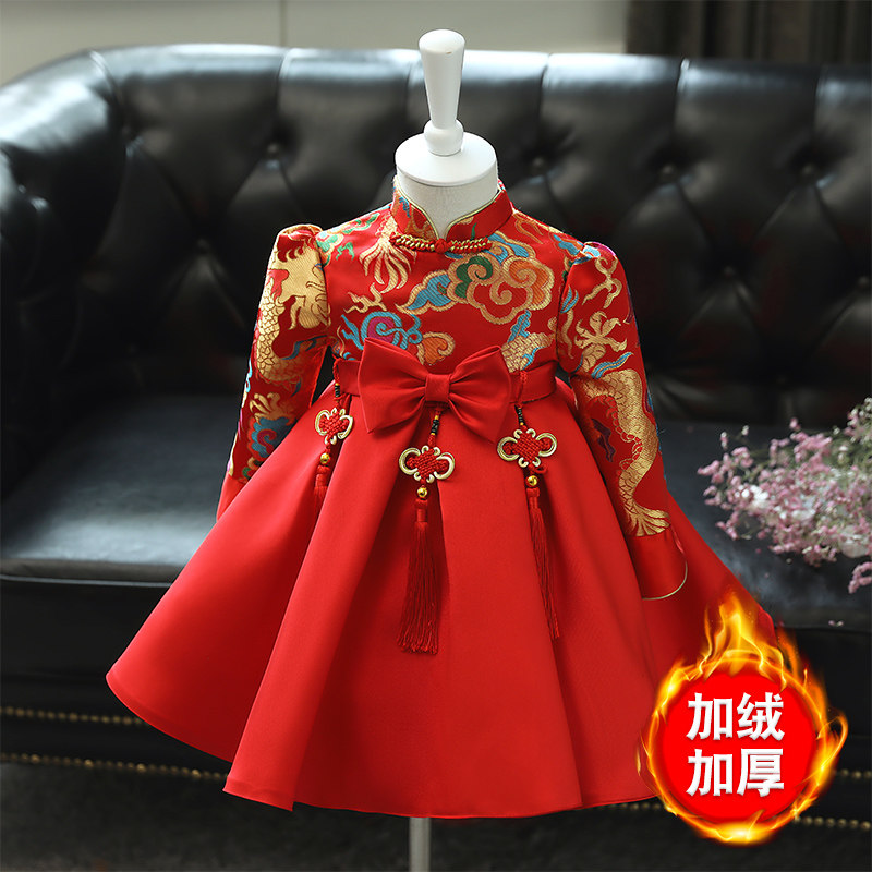 儿童唐装汉服旗袍女童红色喜庆中国风连衣裙宝宝1周岁生日礼服新