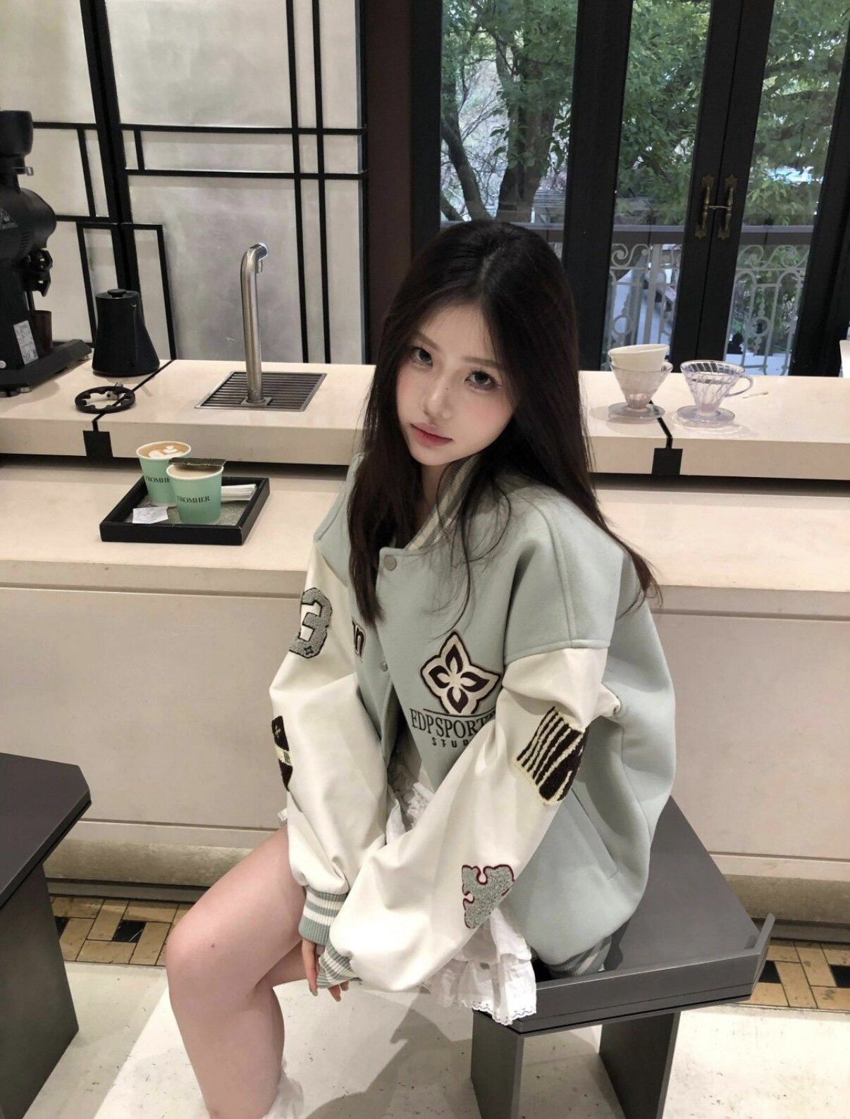 美式棒球宝相螺纹女早秋宽松学生运动休闲上衣外套蓝绿莫兰迪浅色