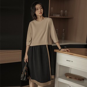 无谓韩式文艺2024秋季新款女装圆领五分袖撞色宽松假两件连衣裙女