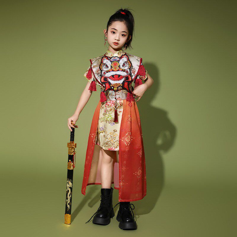 女童古装旗袍走秀旗袍霸气国潮东方醒狮戏曲中国风模特T台演出服