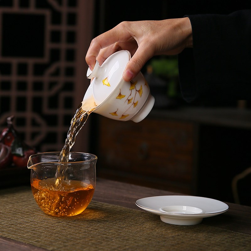 手绘三才盖碗高档德化羊脂玉白瓷单个泡茶碗陶瓷功夫茶具套装茶子