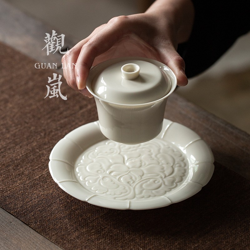 观岚杏白釉壶承浮雕功夫茶具干泡台缠枝莲陶瓷碟子禅意壶托茶承