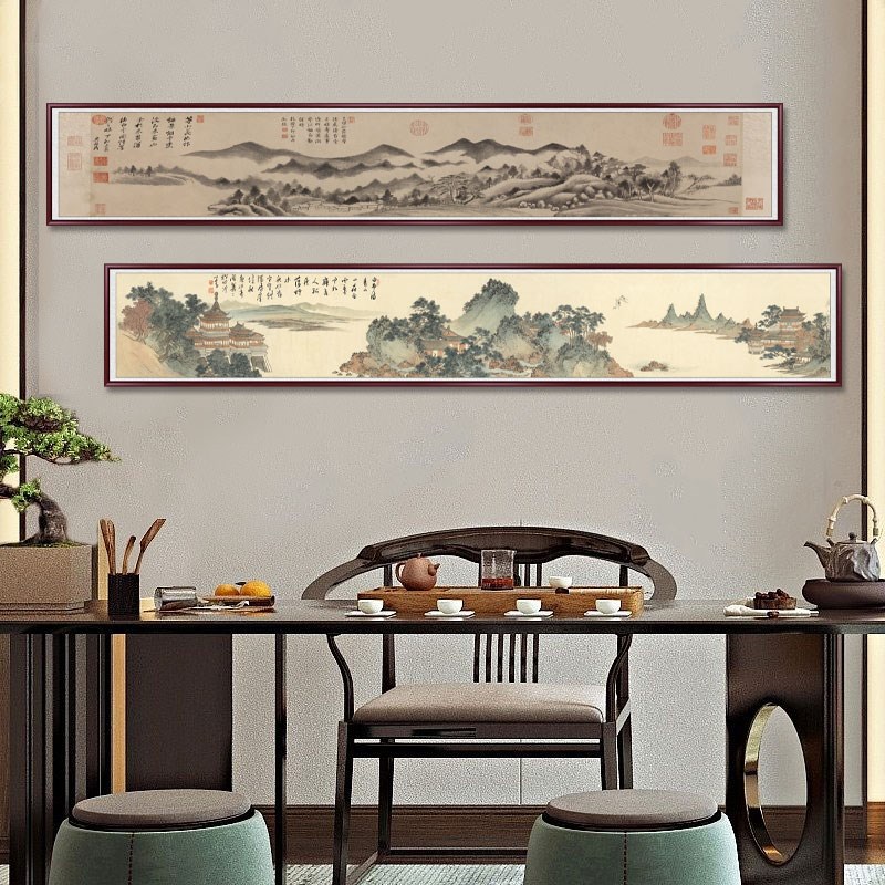 国画新中式客厅风景挂画山水画办公室装饰画书房茶室背景墙画长款