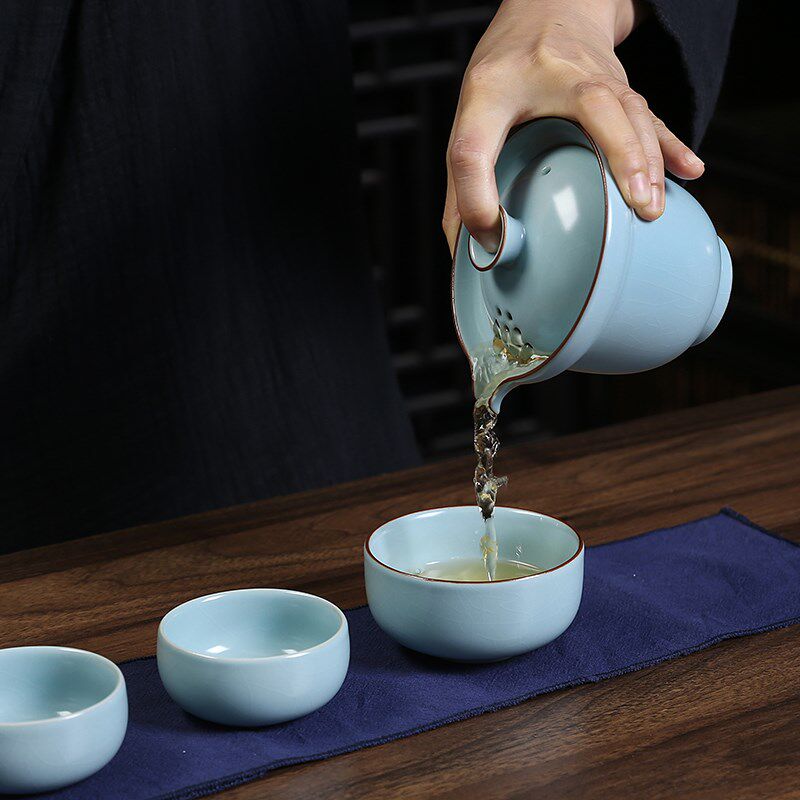 恒缘汝窑手抓壶旅行茶具便携收纳套装陶瓷泡茶壶单壶防烫盖碗茶杯