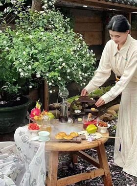 甄选tpf老榆木桌围炉煮茶小圆桌实木火锅桌围炉冰茶夏季烧烤桌电