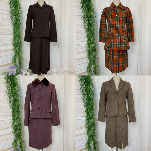 vintage古着日制复古年代格纹哑光压褶阔版毛呢女西服套装186