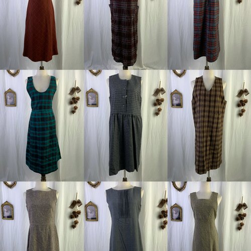 vintage日制古着秋冬季毛料格纹纯色叠穿无袖背心裙连衣裙-DL4