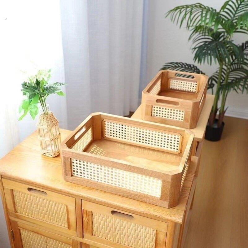 实木藤编复古收纳筐家用桌面日式收纳篮手工编织杂物筐整理收纳盒