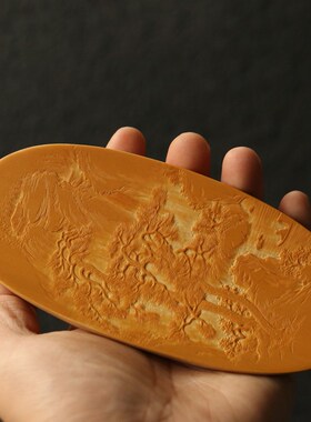 精品东阳老师傅纯手工浅浮雕山水风光图老玉竹茶则翻簧雕刻竹茶荷