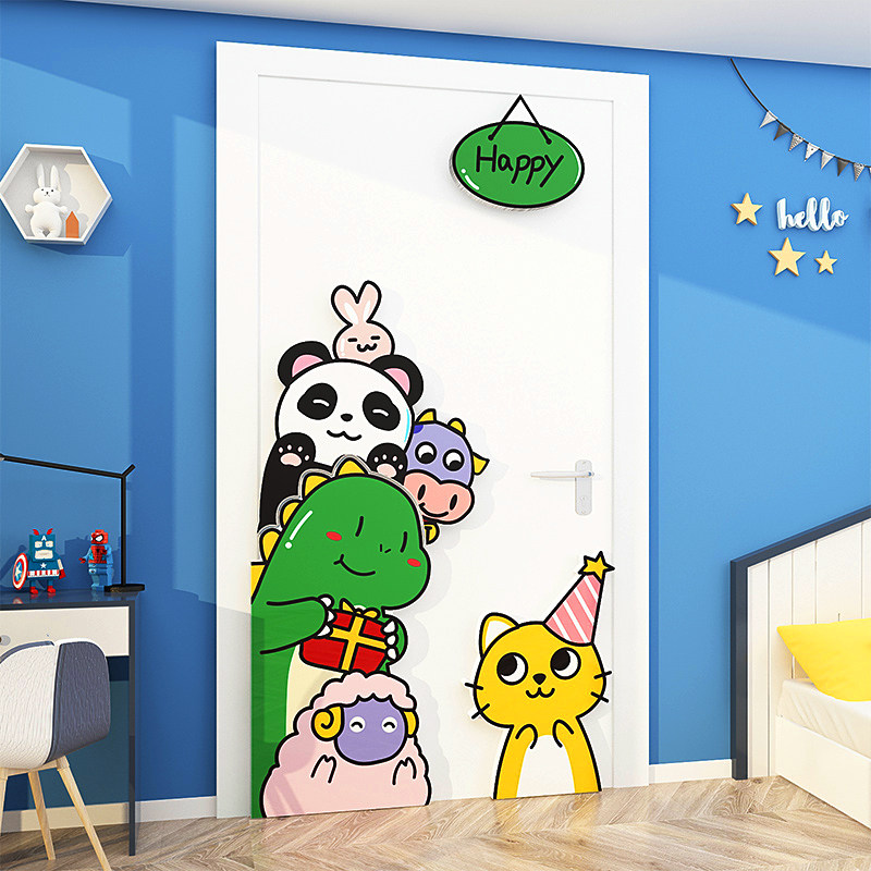 小孩男儿童房间墙面卡通装饰画布置幼户卧室改造门贴纸入儿园文化