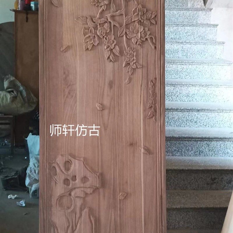 背阳木雕北美黑胡桃实木雕花板手工浮雕通花板玄关隔断东景墙定制