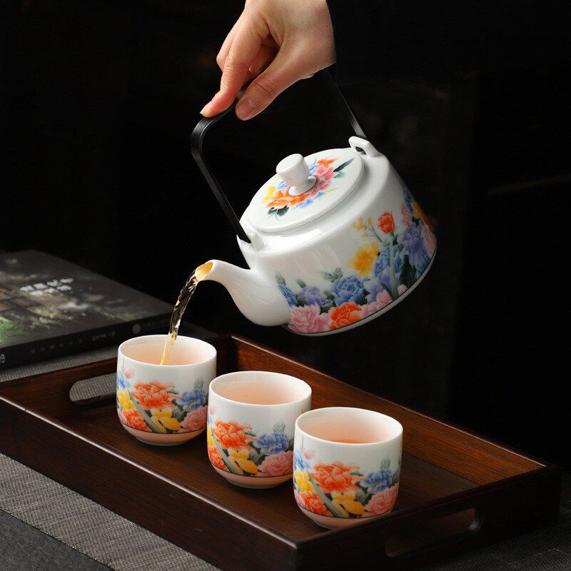 成艺陶瓷大茶壶家用套装提梁壶功夫茶具茶杯泡茶壶描金中式礼盒装
