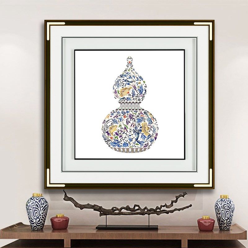 客厅沙发背景墙装饰画葫芦挂画中式铜雕画加灯方形餐厅过道走廊