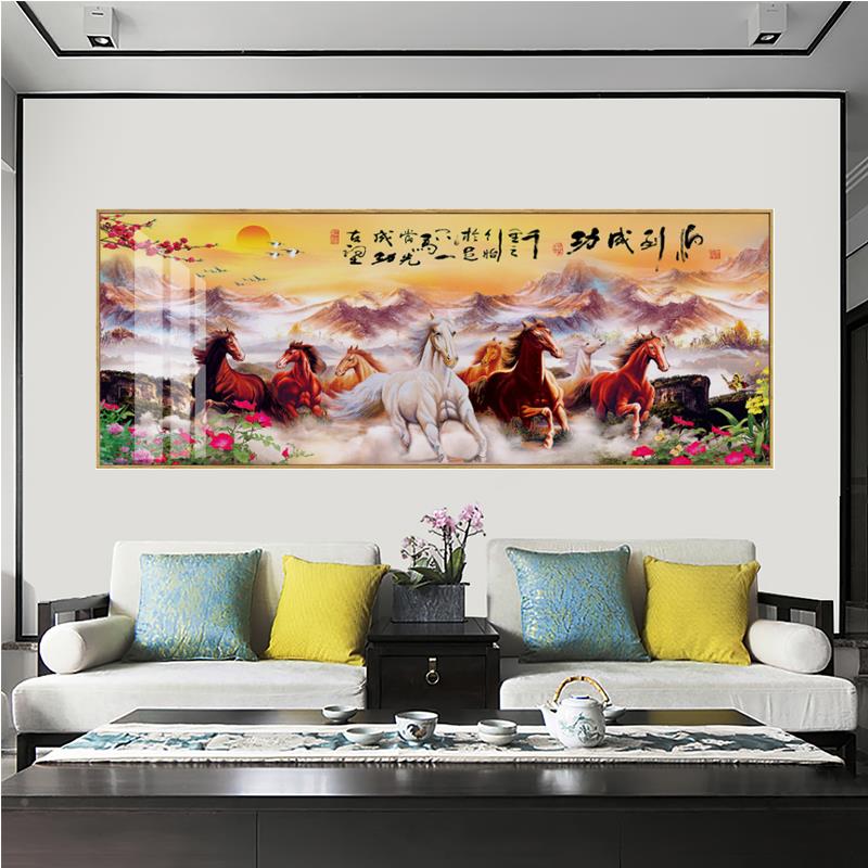 网红八马骏图挂画新中式室厅沙发背墙大气客办景公装饰画晶瓷画到
