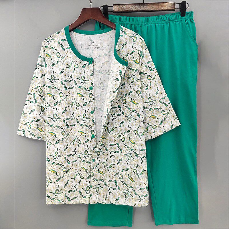 纯棉空调开衫七分袖女士中老年人妈妈夏装薄款睡衣家居服两件套装