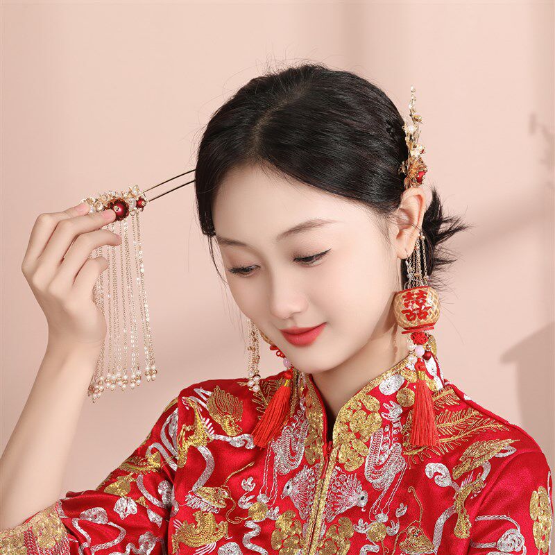潮汕迷你小灯笼喜字耳环手工竹编油纸发光古风挂件结婚拍照小摆件