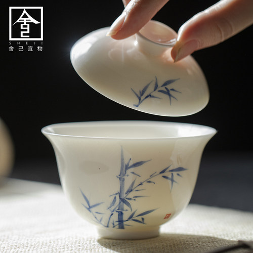 中式手绘蓝竹福灵盖碗陶瓷茶具单个办公釉下彩淡雅君子竹茶盏茶具