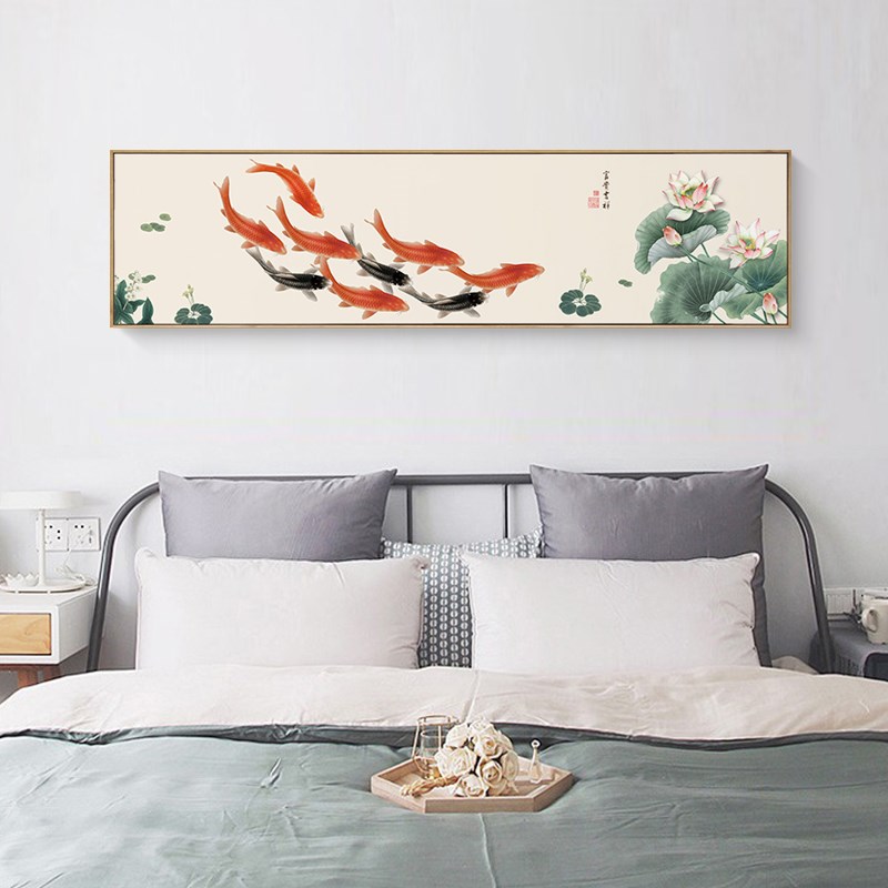 新中式鸿运当头装饰画荔枝锦鲤挂画客厅墙面挂画卧室床头画九鱼图