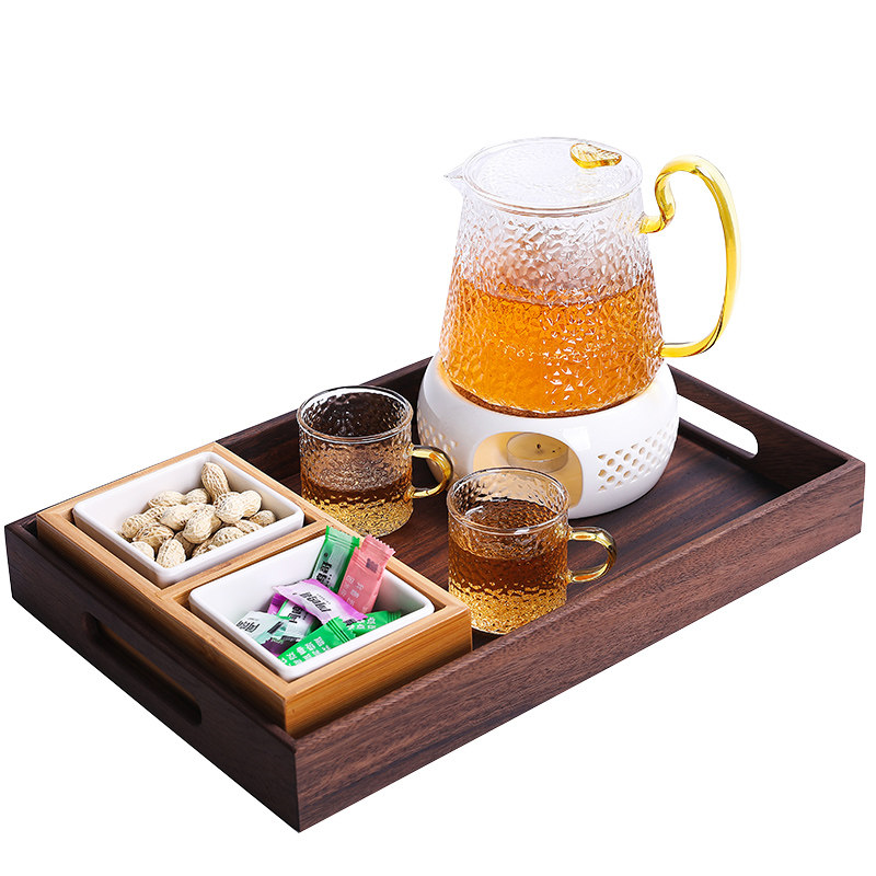 日式锤纹玻璃花茶壶蜡烛煮茶胡桃木酒店托盘点心盘下午茶茶具套装