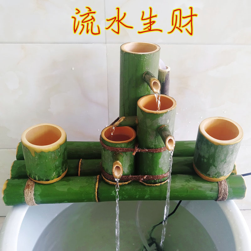 竹子流水景 器槽鱼缸鱼盆过滤竹排增氧器 水石喷泉摆件空气加湿器