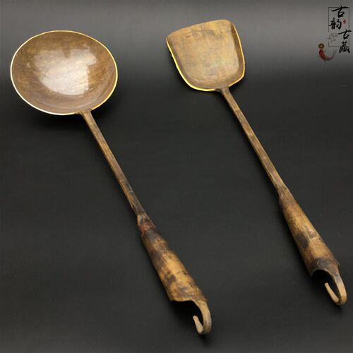 怀旧民俗古玩子老黄铜勺子铲式古代家用传统老物件仿古铜饭勺摆件