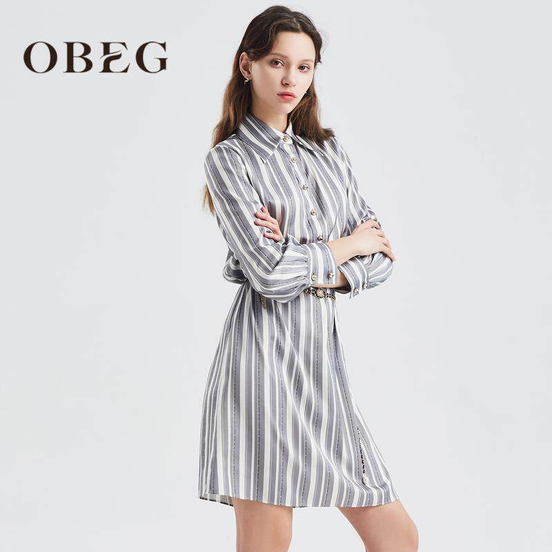 OBEG欧碧倩缎面条纹连衣裙女夏宽松H型中长衬衫裙子10402092