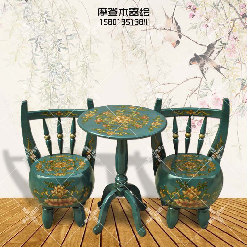 彩绘茶桌椅组合藏式牛角凳矮凳鼓凳仿古小茶几茶桌新中式实木家具
