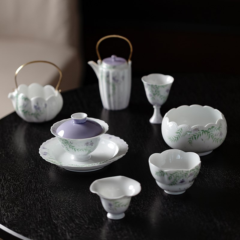 梵汝织锦缎紫色茶席手绘提梁壶整套茶具套装家用仙女茶具轻奢套组