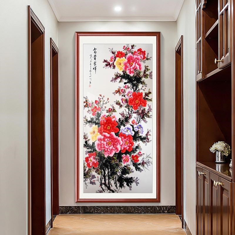网红花开装富贵过中式玄关饰画入户进门走廊道尽头竖版牡丹图国画