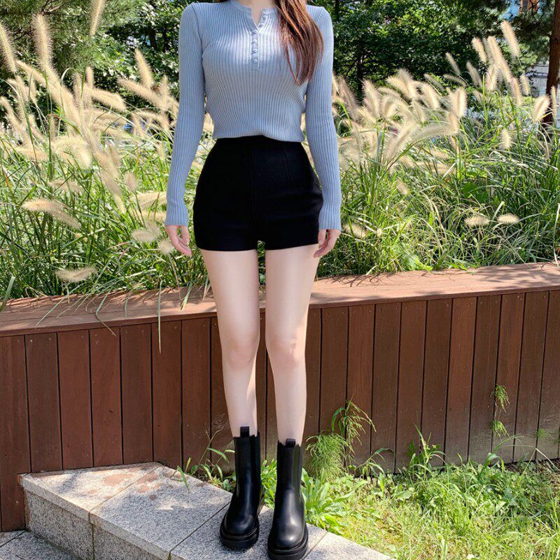 毛呢短裤女秋冬外穿三分弹力高腰打底裤黑色紧身百搭呢子包臀靴裤