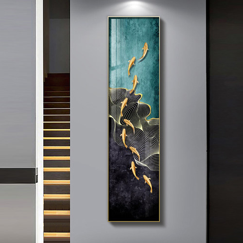 中式九鱼图玄关装饰画入户进门挂面墙画走廊过壁客厅竖版长条道画