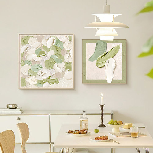 新款绿色奶油风肌理高级感饭厅挂画饭厅装饰画客厅卧室牀头墙壁画