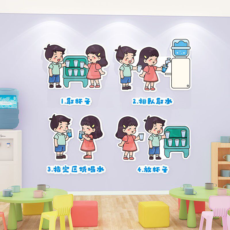 幼儿园饮置区标墙牌喝水流程图主题识区域图书角教室布水墙面装饰