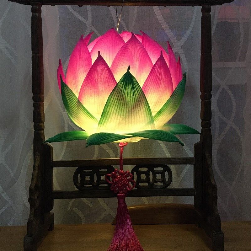 元宵节圆款纸 笼灯 led发光手花莲提灯 DIY材料包半成品