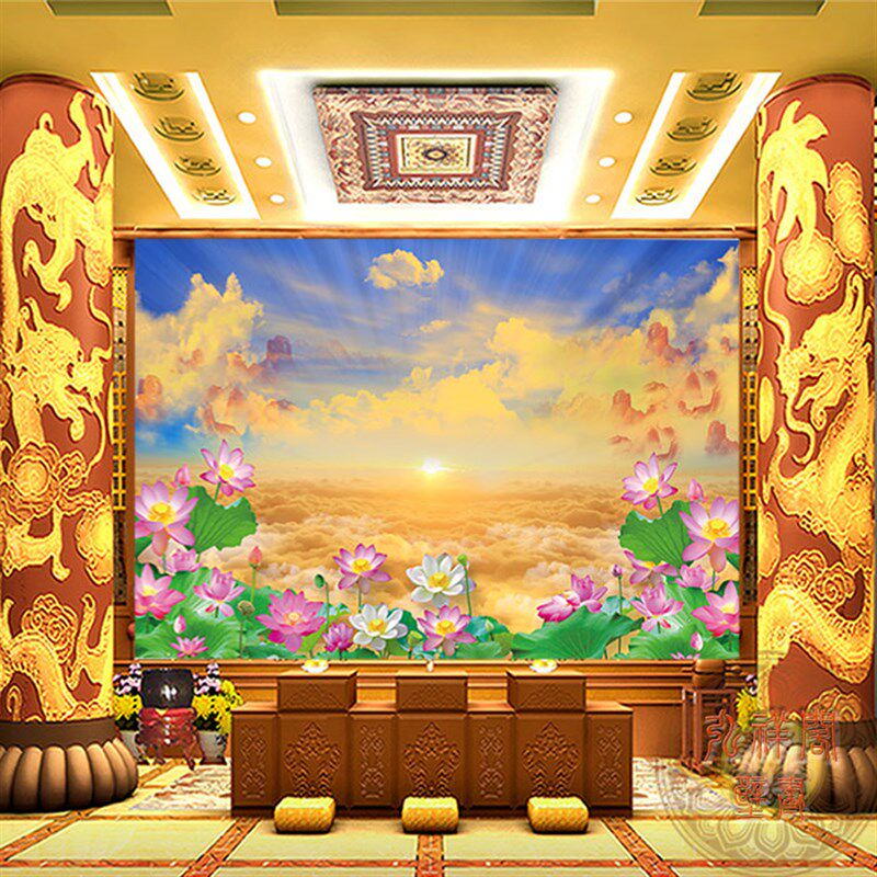 祥云金莲花佛仙道堂客庙壁纸景画寺厅壁画禅房背贴天宫山水墙布纸