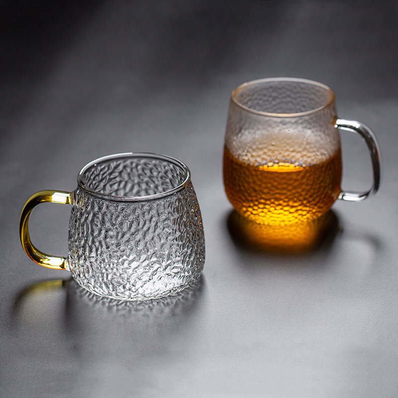 日式锤纹玻璃杯带盖水杯带把家用玻璃杯