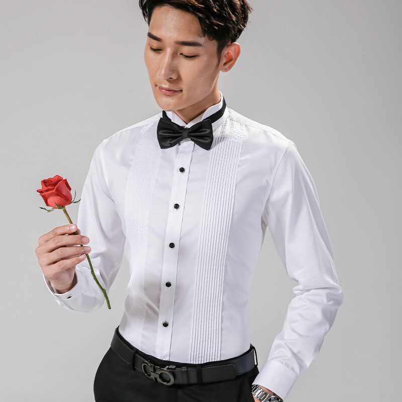 结婚衬衫男修身白色礼服衬衫夏季伴郎服婚礼演出新郎白色衬衣男士