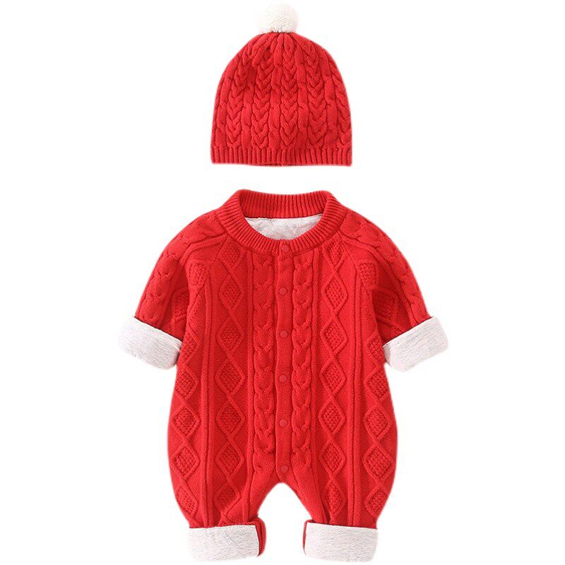 婴儿毛衣秋冬连体衣满月服国潮针织衫外出服洋气套装宝宝爬服线衣