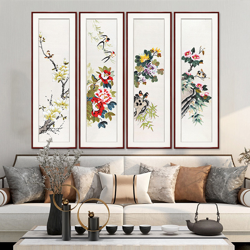 客厅装饰画国画沙发背景墙壁画新中式玄关挂画四条屏水墨画花鸟图