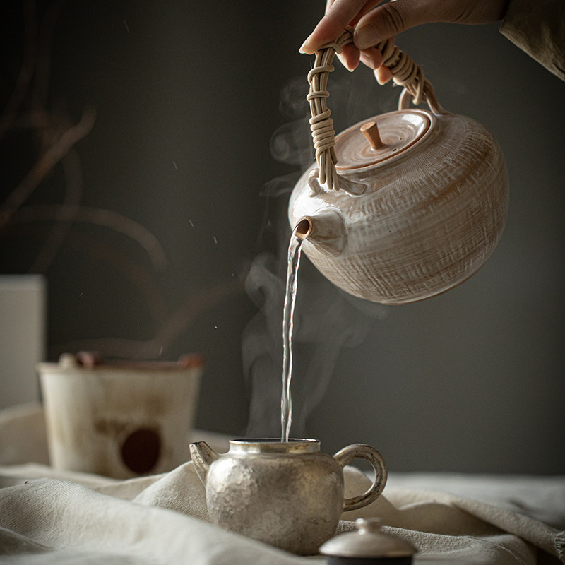 草木祠 陶瓷藤编提梁壶泡茶壶烧水壶煮茶壶 粗陶功夫茶具电陶炉用