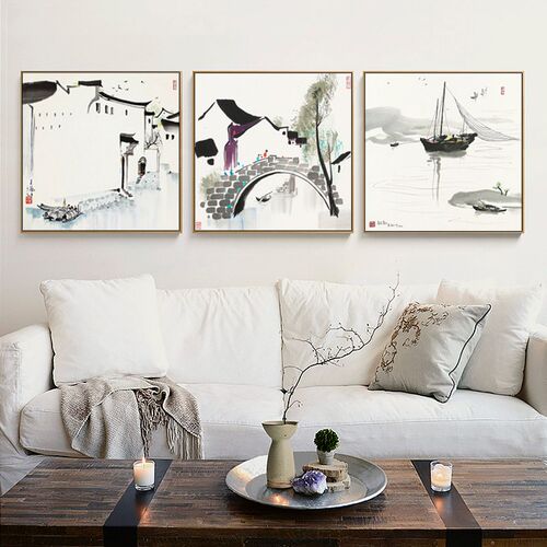 吴冠中装饰画江南水乡新中式客厅沙发背景墙水墨挂画茶室中式禅意