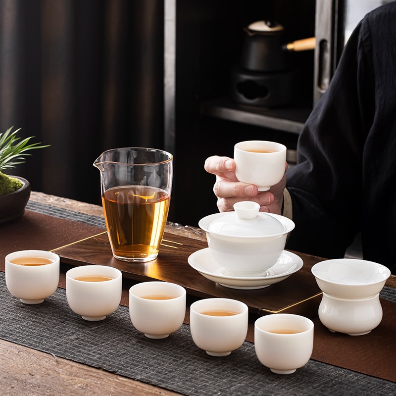 羊脂玉盖碗功夫茶具套装家用白瓷茶杯泡茶办公室会客客厅简约陶瓷