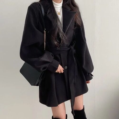 毛呢外套女秋小个子中长款西装领收腰系带显瘦大衣学生灯笼袖加厚
