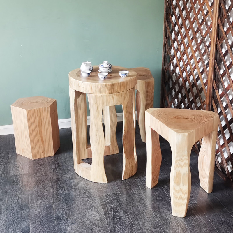 简约实木组合茶桌茶凳桌椅整套阳台休闲茶台实木茶盘坐凳小圆桌椅