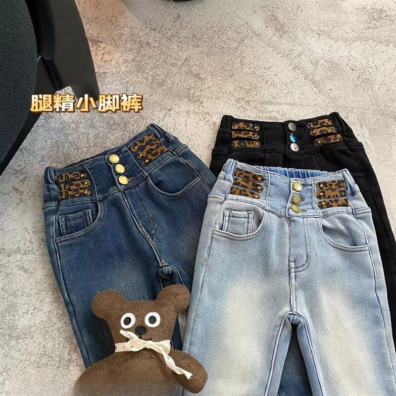女童小脚牛仔裤一体绒24秋冬新款小个子加厚洋气铅笔靴裤儿童长裤