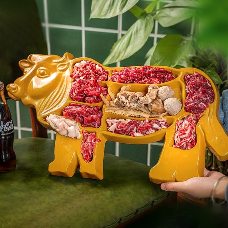 创意潮汕牛肉火锅拼盘餐具全牛宴会摆放网红商业牛肉生鱼片烧烤托