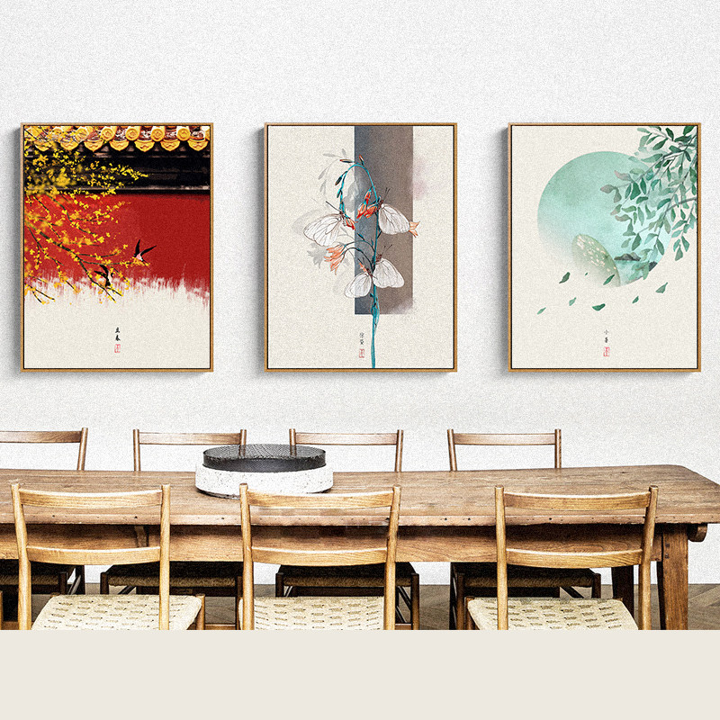 新中式竖版茶室装饰画二十四节气客厅书房背景墙壁画民宿三联挂画