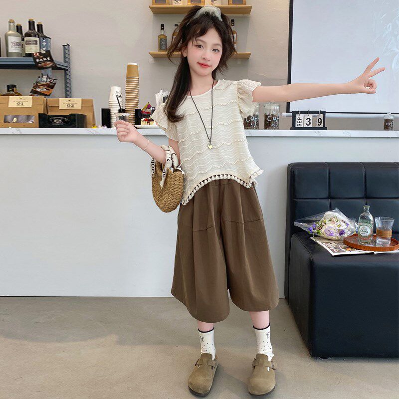 女童夏季套装2024新款洋气时髦夏装中大儿童短袖t恤7分裤裙两件套