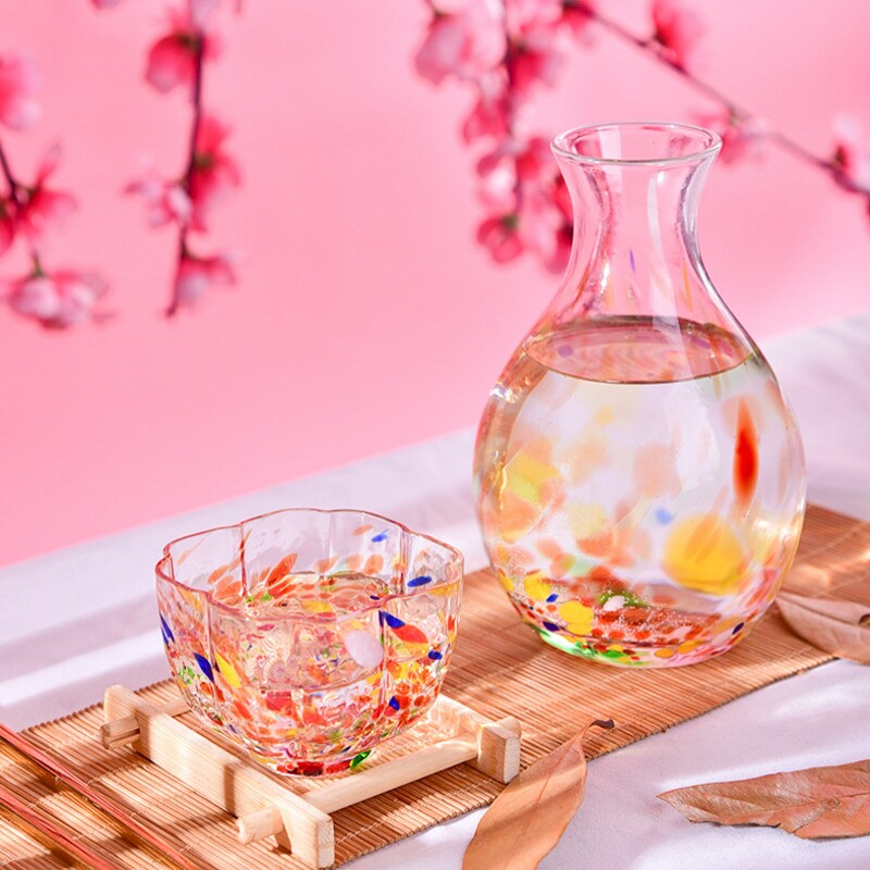 日式耐热彩色水晶玻璃酒壶清酒壶白酒梅子酒具烈酒杯樱花彩点茶杯