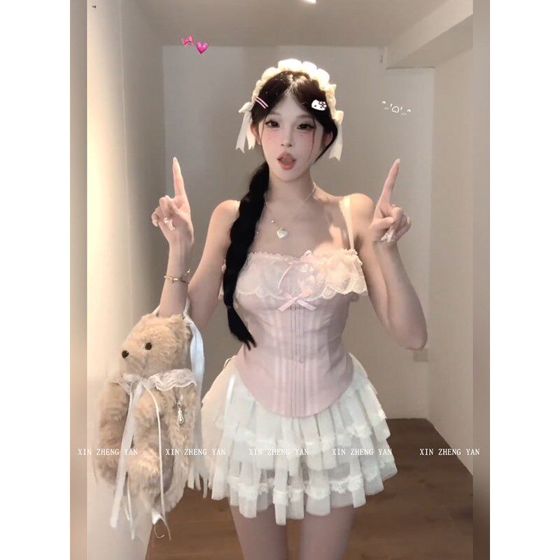 XZY/欣争艳 微胖mm甜美法式温柔蕾丝吊带上衣女夏季公主半裙套装
